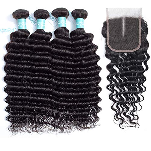 Brazilian Deep Wave 4 Bundles With Closure 8a Unprocessed Virgin Deep Wave Curly Human Hair Weave Extensions With Middle Part 4x4 Lace Top Closure Natural Color (20 22 24 26+16 lace clsoure)