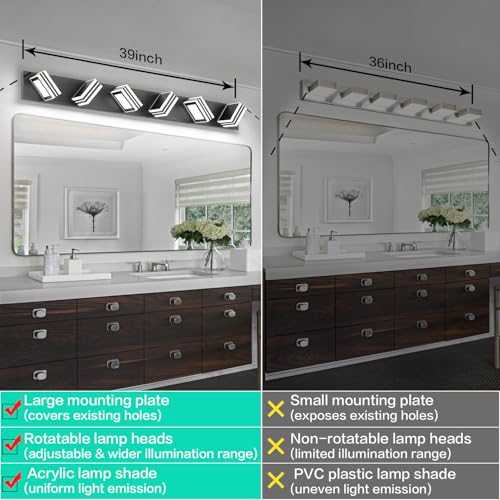 Image of SOLFART Modern Black Vanity Lights Fixtures: 6 Lights Acrylic LED Matte Black Vanity Lights for Bathroom 39inch 5CCT