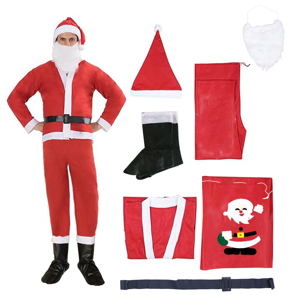 7PCS Christmas Santa Claus Costumes Santa Suit With Beard Hat Belt Boots Santa Outfit Set for Men Adults Xmas Holiday Red One Size tissue holder