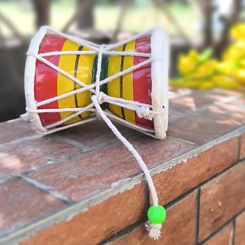 Image of HICKORY Handmade Damru - Traditional Indian Hand Percussion Musical Instrument for Pooja, Home Decor & Kids Toys