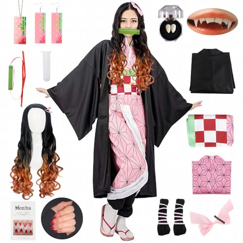 YYDSXK Cosplay Nezuko Tanjirou, Disfraz de Nezuko Tanjirou Kochou Shinobu Kanroji Mitsuri, Conjunto de Capa Kimono, Regalo para Niños Adulto para Halloween Carnaval
