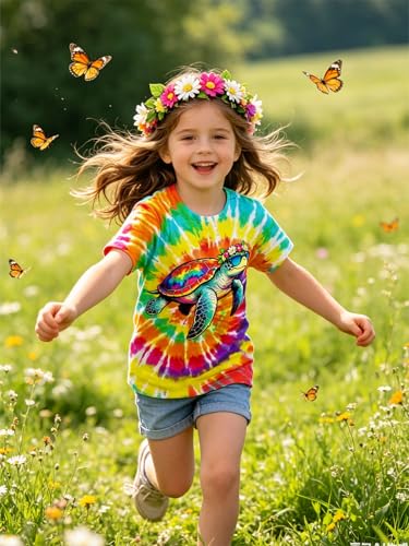Image of SunFoucs Girls Kids Shirts Size 5-12 Tie Dye Casual Tshirt Short Sleeve Crewneck Tee Top | Short Sleeve Rainbow Tee Top