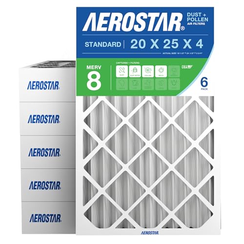 Aerostar 20x25x4 MERV 8 Air Filter, 6 Count, ACTUAL SIZE (19.50 x 24.50 x 3.75) HVAC, Furnace Filter for Allergies, Dust, Pet Dander & Smoke (MPR 1500 / FPR 10) Fits Lennox & Honeywell Devices
