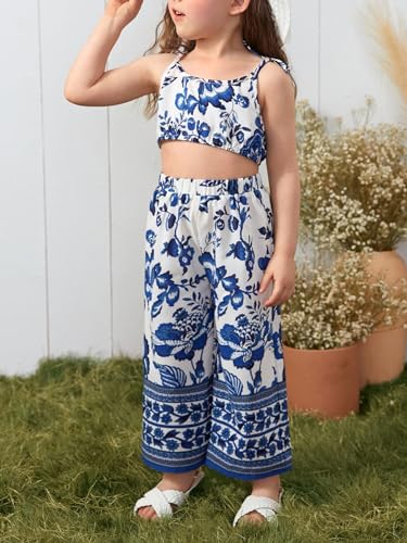 Image of Floerns Girl's 2 Piece Outfit Floral Print Tie Shoulder Cami Top and Pants Set