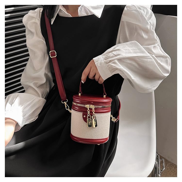 Image of Retro Bucket Bag Color Contrast Cylinder Purse | Senior Sense Style, Single Shoulder Crossbody, Zipper Closure, 4.7x6