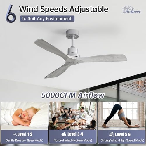Image of Sofucor 52 Inch Smart Wood Ceiling Fan No Light, Alexa /App /Remote Control | Without Light, Modern, 3 Blade, Quiet Reversible DC Motor, 6 Speeds, Timer, Indoor /Outdoor /Bedroom /Living Room /Patio, Grey