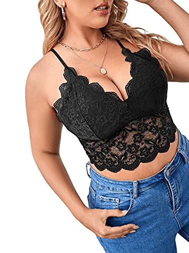 Soly Hux Women's Plus Size Sexy Floral Lace Scalloped Trim Wireless Bra Adjustable Strap V Neck Everyday Bralette Black 1Xl #TOP2