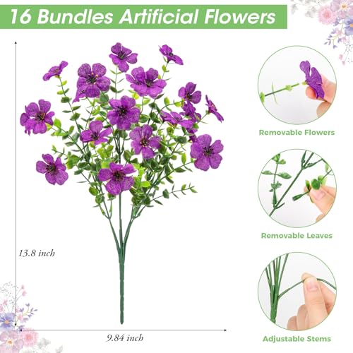 Image of Bassion 16 Bundles Artificial Flowers for Outdoors Fake Flowers, Purple
