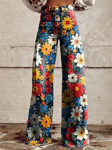 Women's Vintage Boho Floral Print Jeans - Mid Waisted Wide Leg Baggy Flare Pants with Pockets2