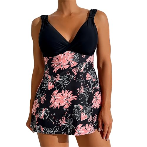 Traje de baño tankini de 2 piezas para mujer con doble copa para mujer, tirantes de hombro impresos, parte superior y pantalones cortos, Negro, XL
