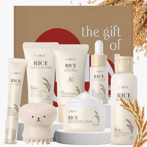 LAIKOU Riso Kit Cura Della Pelle Donna, 5 Pezzi Set Skincare Viso Completo, con Detergente, Tonico, Contorno Occhi, Siero e Crema Idratante, Per Idratazione Nutrimento Cura Quotidiana (7 pcs)