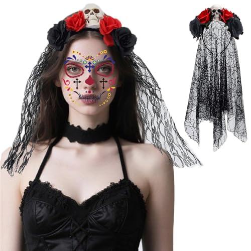 ZDQC Tag der Toten Haarschmuck,Halloween Tag der Toten Haarreif und Schleier,Karneval Haarreif und Schleier Gesichtstattoo,Dia de los Muertos Gesicht...