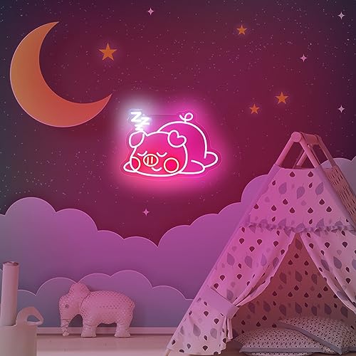 Image of Sleep Pink Cute Pig Neon Sign For Wall Decor Studio Bedroom Led Lights, Pink Gifts Decor Neon Signs Aesthetic Operated Light For Door Decorations, Drawing Room Accessories Neon Sign