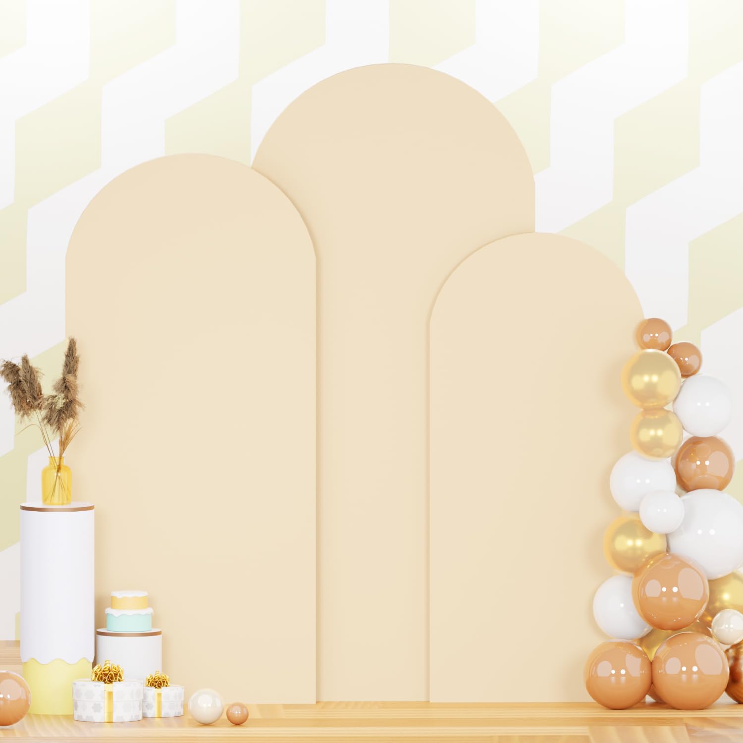 PATYDEST Spandex Fitted Wedding Arch Cover Set of 3 Beige Arch Backdrop Cover 6FT 6.6FT 7.2FT Round Top Arch Wall Covers Balloon Arch Covering Fabric for Baby Shower Happy Birthday Party Celebration