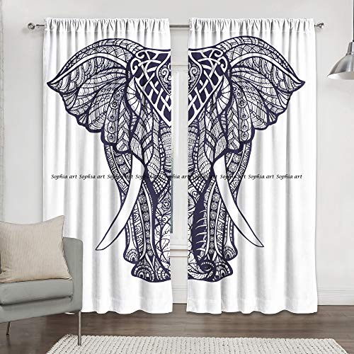Sophia-Art Hippie Elephant Home Decor Window Indian Drapes 2 Panel Set Balcony Sheer & Valance Bedroom Handmade Wall Hanging Room Divider Cotton Bohemian Mandala Curtain (White Front Elephant) #TOP3