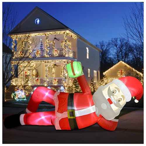 11.8 FT Inflatables Lying Santa Claus Outdoor Decorations, Blow Up Giant Inflatables Sleeping Santa Claus with LED Lights for Eaves Roof Garden Lawn Xmas Winter Party Holiday Indoor & Outdoor Decor