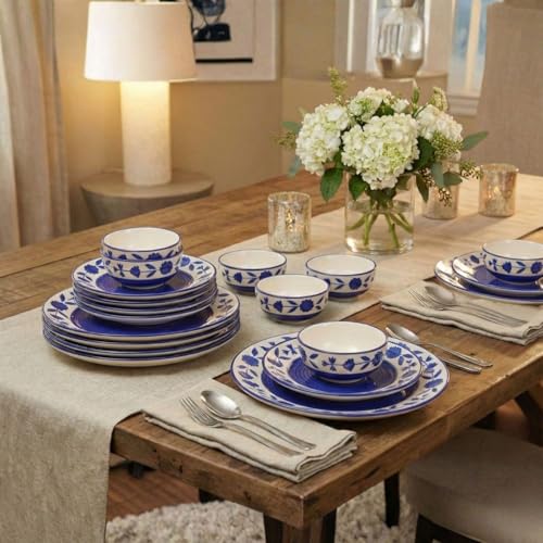 Image of Ceramic Dinner Set, Blue and White Floral Design, 18 Pieces, Microwave and Dishwasher Safe