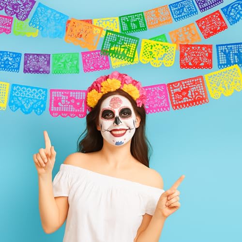 image for Boao 4 Packs Mexican Party Banner 60 Feet Fiesta Plastic Papel Picado 