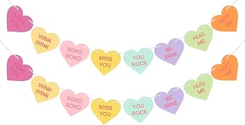 Valentines Conversation Hearts Candy Banner No DIY Valentines Day Heart Garland with 16Pcs Heart, 2Pack Pre-Strung Valentines Garland Heart Banner for Valentines Day Heart Decorations Multicolor