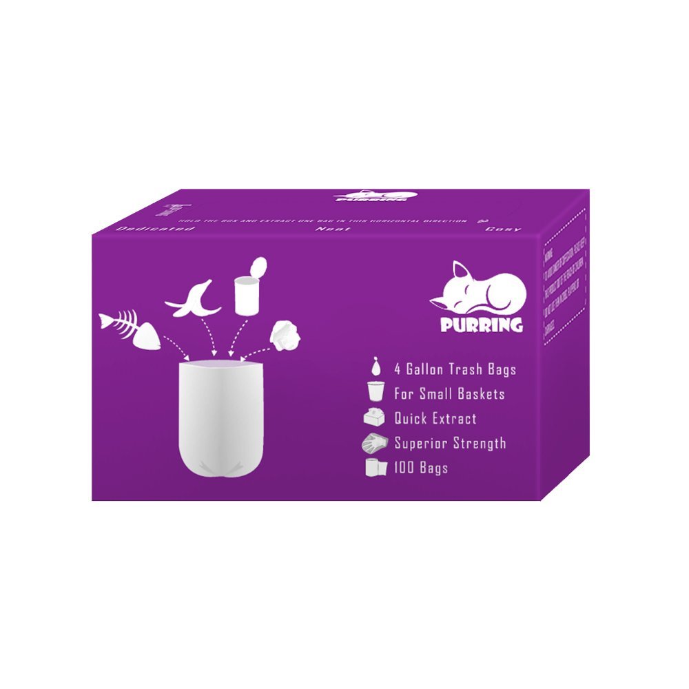Purring Small Garbage Bags with Quick-Dispense, 4 Gallon Trash Can Liners with Cute and Compact Package, 100 Count (Purple)