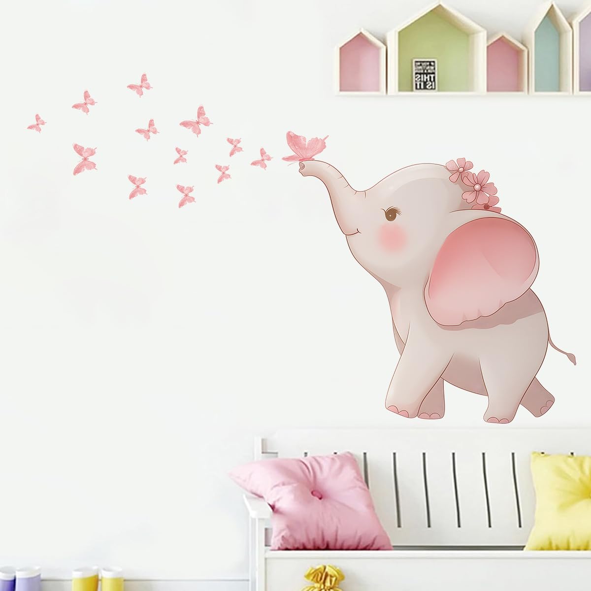 FUFUQUARE Pink Baby Elephant Blowing Butterflies Wall Stickers Cartoon Peel and Stick Wall Art Decals for Kids Girls Bedroom Playroom Living Room - Image 2