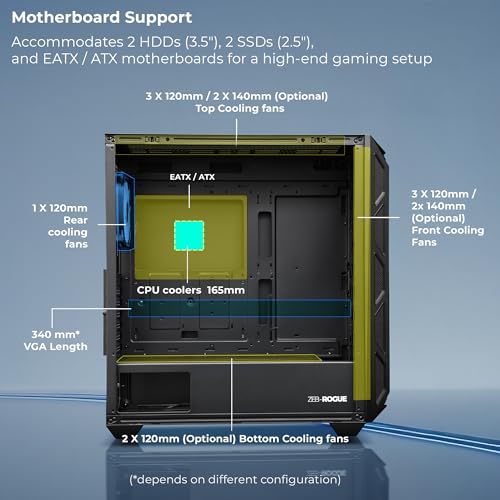 Image of Zebronics Gaming PC Cabinet, E-ATX /ATX Support, USB 3.0, RGB Fans, High Airflow Design, Tempered Glass Panel, Top & Front 360mm AIO Support, Bottom PSU Design, Magnetic Dust Filters (Rogue, Black)