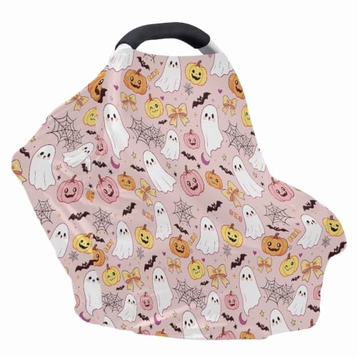 Image of Wanyint Nursing Cover Carseat Canopy Cover Adorable Car Seat Covers for Babies Girls Boys Breathable Nursing Cover for Boys Girls Halloween Decor, Cute Ghost Pumpkin Cobweb Pink