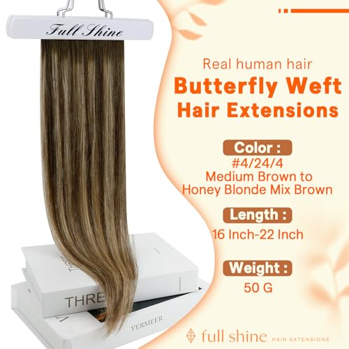 Image of Full Shine Butterfly Weft Hair Extensions Human Hair 20 Inch 50G | Mocha Brown with Golden Blonde Highlights, Seamless Micro Beads Weft, Silky Straight One Piece, Natural Fit Solution