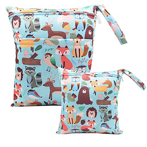 SonneSky 2pcs/Set Bolsas Pañales Lindo patrón Bebé Prueba de Agua Reutilizable Wet Dry Bag Doble Cremallera Impresión Bolsa de Pañales para Colgar Organizador de pañales Zorro