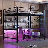Zepneiy Lit Mezzanine 2 Place avec LED et USB, lit Mezzanine avec Bureau et Plusieurs étagères,Lit Superposé Enfant 140x200 avec échelle et Balustrade, Noir (sans Matelas)