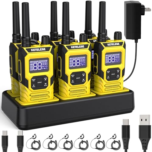 Image of KETELESE T4 Two Way Radio with Earpiece and Mic, FRS 22 Channel Walkie Talkie Long Range, IP67 Waterproof Walkie Talkies, Weather Alert, PTT Group, VOX, Yellow, 6Pack
