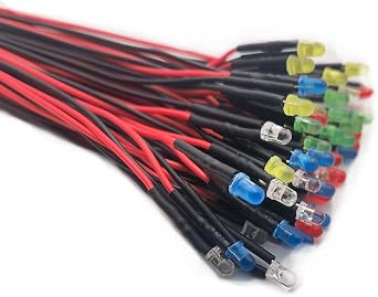 50pcs 12V LED Lights Emitting Diodes, Pre Wired 7.9 Inch DC 12 Volt 3mm LED Assorted Kit Diffused Lens- White Red Yellow Green Blue Small LED Lamps 3mm 5 Colors x10pcs/ 50pcs