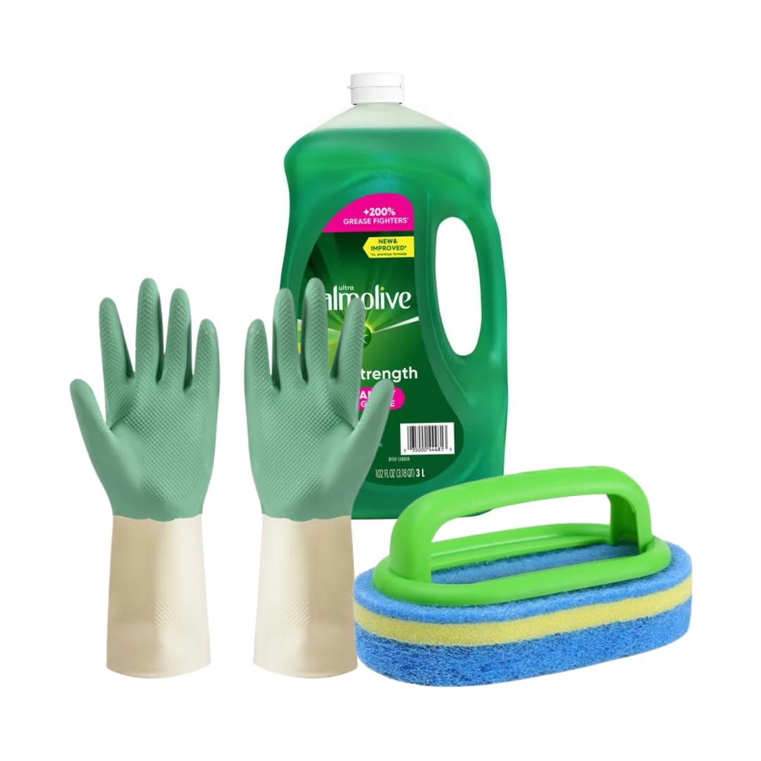 almoliv Ultra Strength Dish Soap Kit with Gloves and Scrub Brush 102 oz Refill Bottle Heavy-Duty Grease-Cutting Liquid