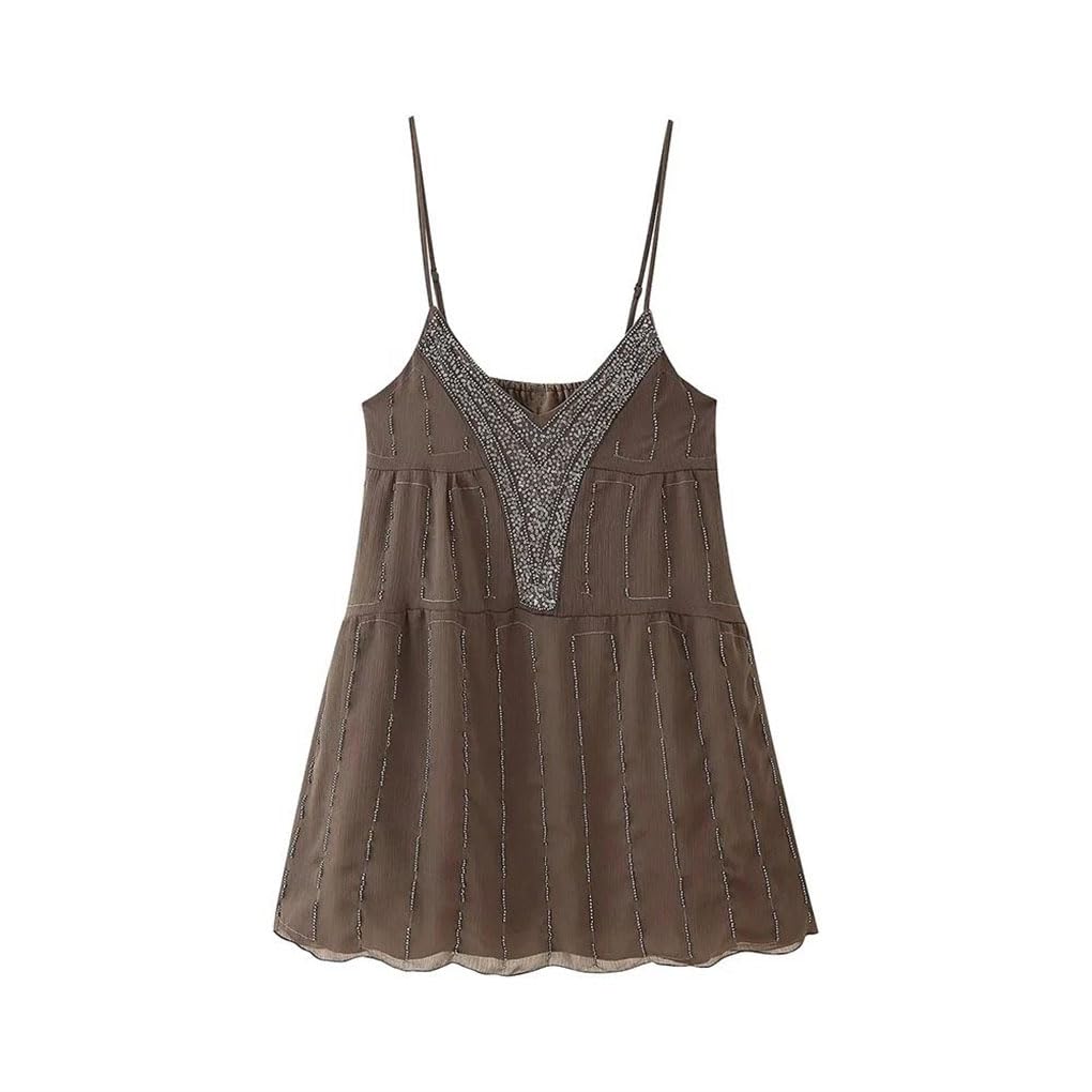 Vestido casual suelto de malla para mujer, cuello en V, sin mangas, cintura alta