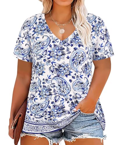 Image of RITERA Women Plus Size Tops Tie Dye V Neck Shirt Floral Camo Summer Short Sleeve Tunic Oversized Ladies Blouse XL-5XL