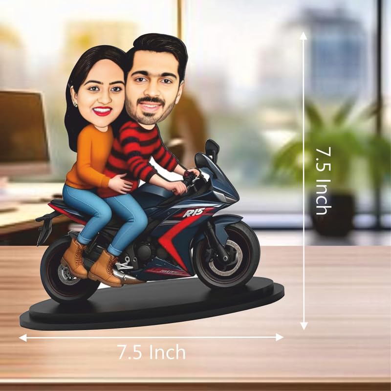 Image of THE GRANDEUR Acrylic Personalized Biker Couple Caricature Display, Custom Wooden Stand, Personalized Gifts for Men, Room Decor