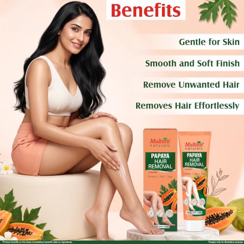 Image of Multani Naturals Papaya Hair Removal Cream 60 ml (Pack of 2) | Suitable for Most Skin Types | Removes Hair in Minutes | Exfoliating formula Enriched with Papaya Fragrance and Vitamin E | Painless, Easy, and Effective Hair Removal for Men and Women