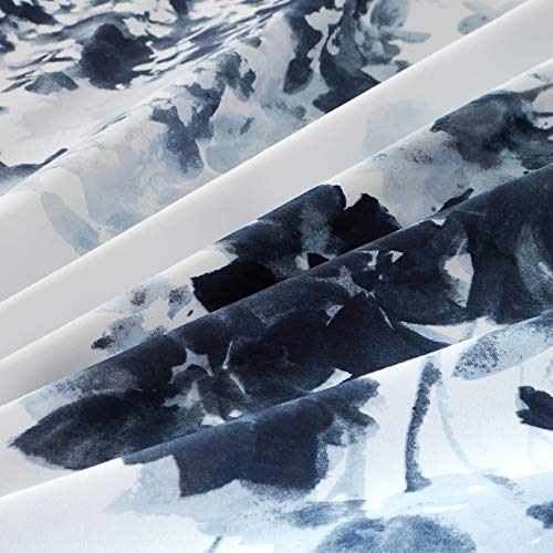 Image of MILDLY 100% Long Staple Cotton Duvet Cover Set Navy Blue Leaves Printed Comforter Cover Set Watercolor Plant Floral