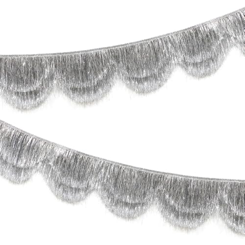 Silver Shiny Scalloped Hanging Layered Sparkly Fringe Garland Streamer Glitter Fringe Tassel Metallic Foil Banner for Birthday Baby Shower Wedding Bridal Shower Bachelorette Party Decor Supplies
