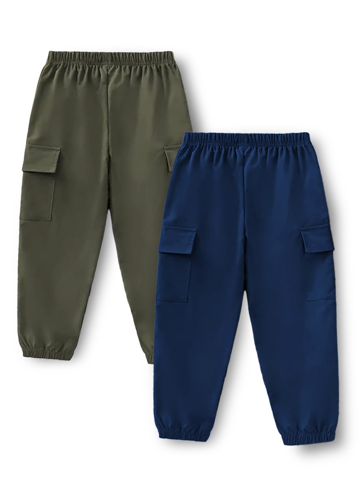 Trampoline Kids Joggers Trackpants Pack of 2 - Green & Turquoise Blue | Knit Cotton Blend Cargo-Style Pants | Comfy Elastic Waist Track Bottoms with Side Pockets | Soft Everyday Playwear for Kids-image-5