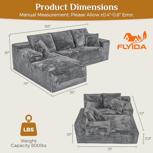 Image of 108 inch Boneless Cloud Sectional Couches for Living Room, Comfy Fluffy L Shaped Memory Foam Deep Seat Boneless Couch, Modular Sectional Sofa with Left Facing Chaise, Grey