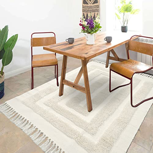 Kimode Boho Rugs For Living Room 4X6 Washable Tufted Geometric Floor Carpet Bedroom Rug Bohemian Beige Area Rug Hand Woven Cotton Indoor Accent Throw Rug For Sofa/Kitchen/Entryway #TOP7