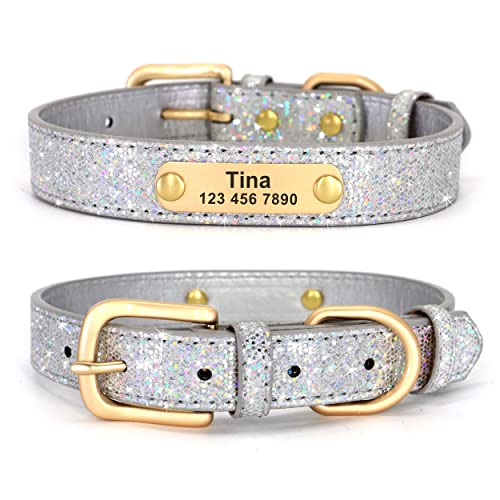 Didog Glitzer-Hundehalsband, personalisierbar, PU-Leder mit glitzernden Pailletten, personalisierbares Hundehalsband mit graviertem Namensschild für kleine, mittelgroße Hunde und Katzen, Silber, S Cover