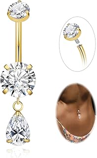14G G23 Pure Titanium Dangle Belly Button Ring for Women Teardrop Dangling Belly Ring Internally Threaded Barbell Dainty Dangly Navel Ring CZ Belly Piercing Jewelry 6-16MM
