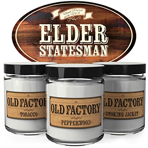 Old Factory Scented Candles for Men - Elder Statesman - Decorative Aromatherapy - Handmade in The USA with Only The Best Fragrance Oils - 3 x 4-Ounce Soy Candles