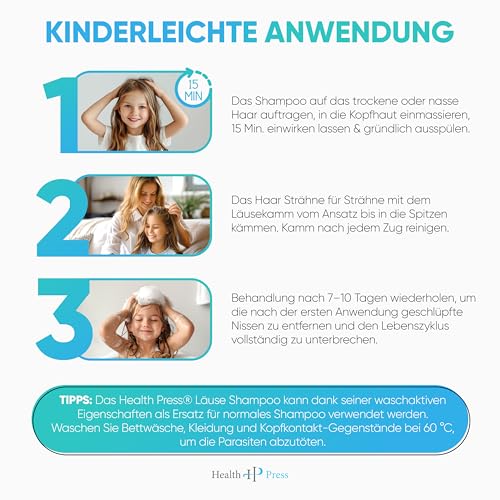 Health Press Anti-Läuse-Shampoo – 200 ml Vorteilspackung – Läuse Shampoo inkl. Läusekamm – Läuseshampoo Familienpackung für Erwachsene, Kinder – In EU zugelassenes Medizinprodukt in Apothekenqualität