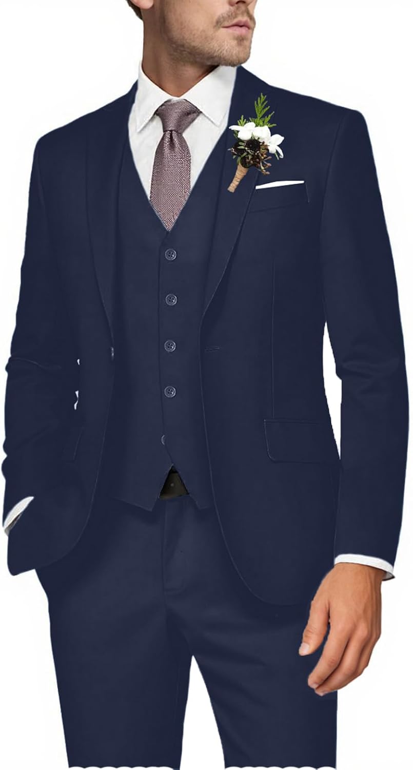 Mens 3 Piece Slim Fit Suit Set, 2 Button Solid Blazer Jacket Vest Pants Suits for Men Prom Wedding Party Business Tuxedo