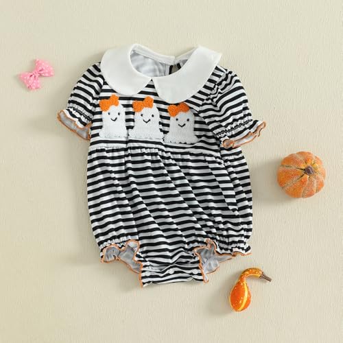 Halloween Baby Girl Clothes Pumpkin Embroidery Bubble Romper Short Sleeve Smocked Bodysuit Newborn Fall Outfit4