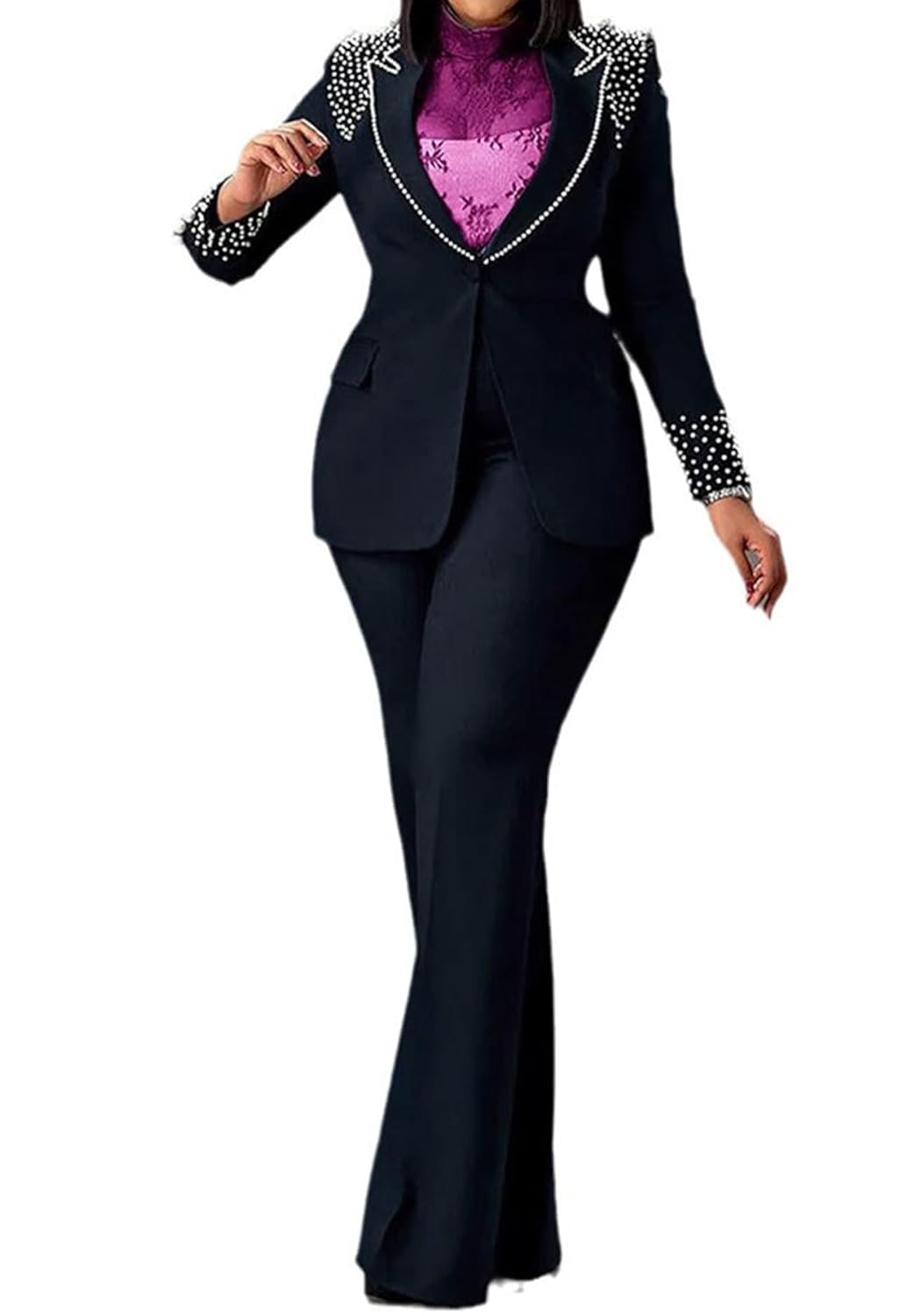 Ecirod Womens Fashion 2 Piece Suit Business Work Outfits Pearls Long Sleeve One Button Blazer and Slim Fit