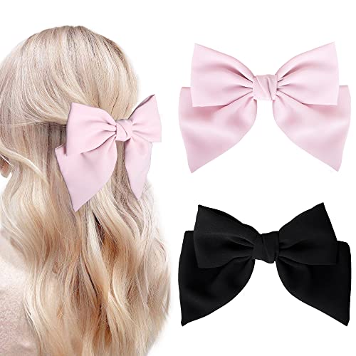 Large Hair Bows For Women Girls, Bmobuo Satin Double Layer Big Hair Bows Clips Bowknot Hair Barrette 2Pcs Hair Clips For Women French Hair Accessories For Women Girls (Black, Pink) #TOP11